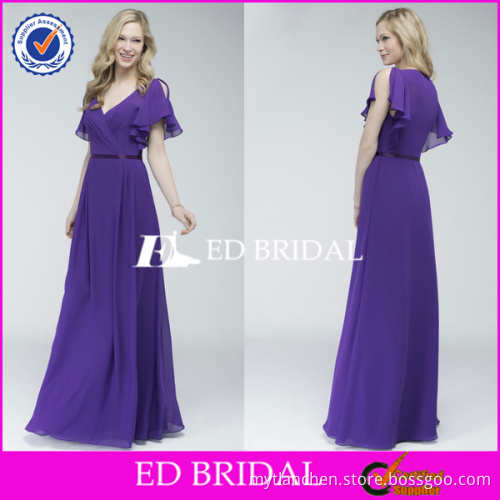 CE1041 Elegant V-Neck Cap Sleeve Long Purple Modest Bridesmaid Dresses With Sleeves